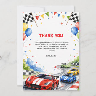Watercolor Race Car Birthday Party Sports Boy Thank You Card