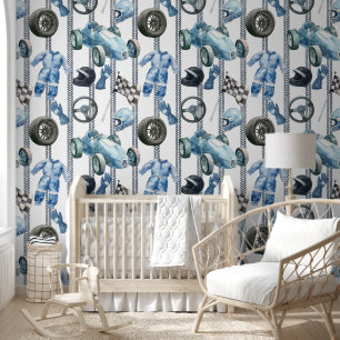 Watercolor Race Car & Gear Patter Wallpaper