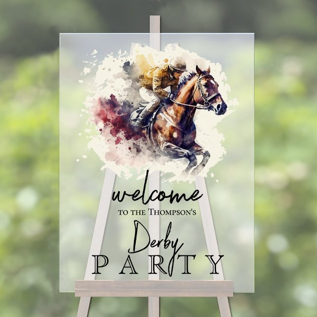Watercolor Racehorse Derby Party Acrylic Sign (Watercolor racehorse and jockey Derby party frosted acrylic sign)