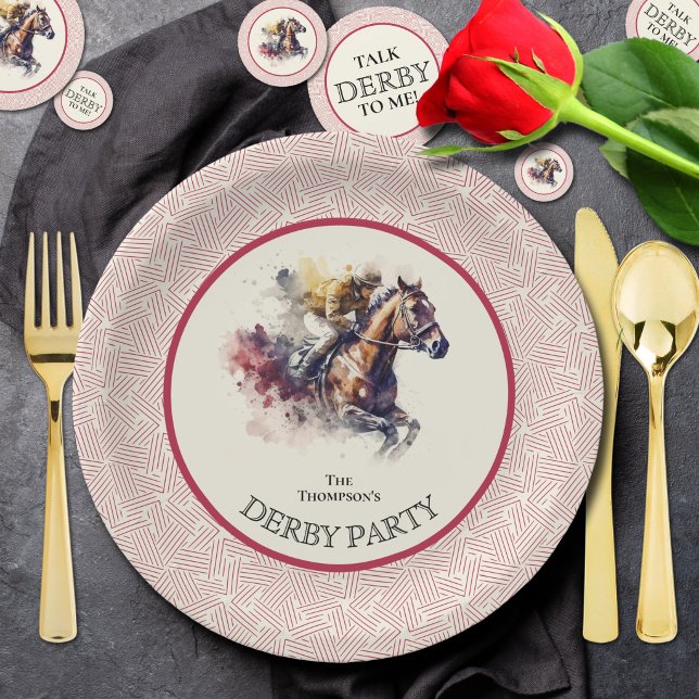 Watercolor Racehorse Derby Red Paper Plates