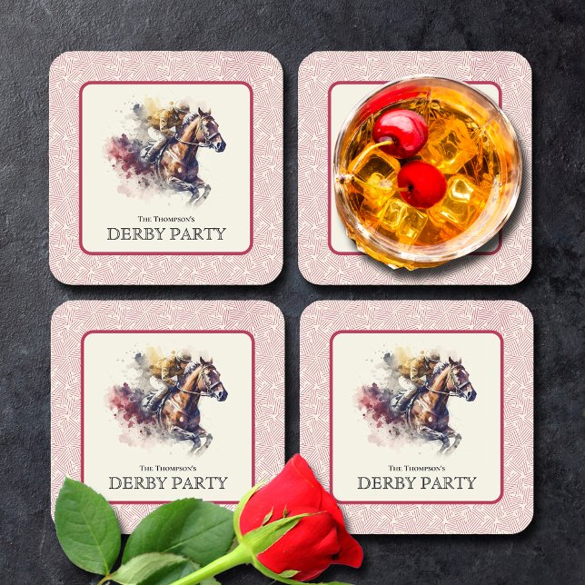 Watercolor Racehorse Derby Red Square Paper Coaster (Creator Uploaded)