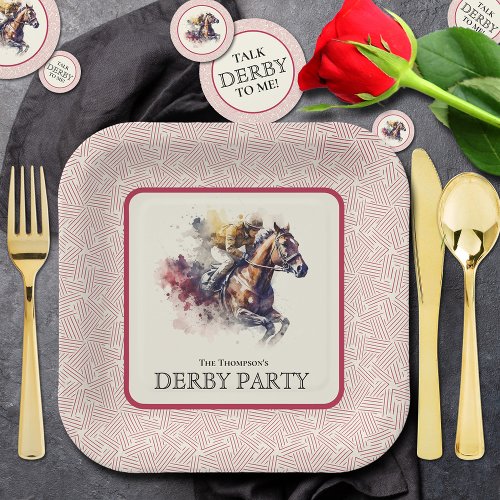 Watercolor Racehorse Derby Red Square Paper Plates