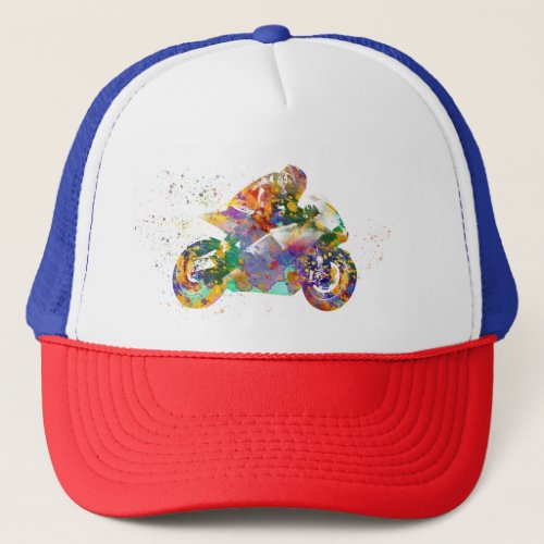 watercolor racing motorcycle trucker hat