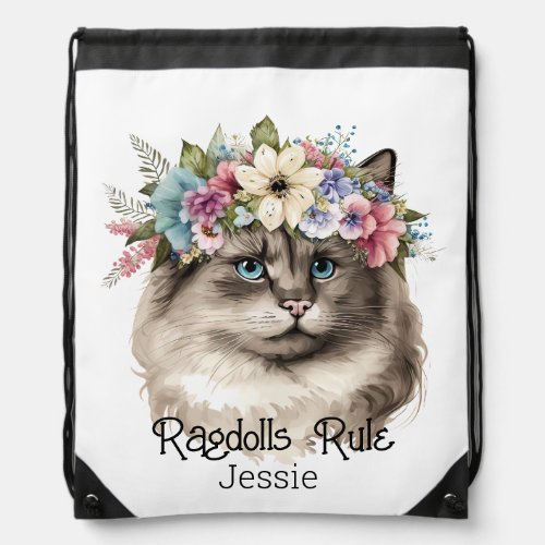 Watercolor Ragdoll Cat Floral Personalized Drawstring Bag