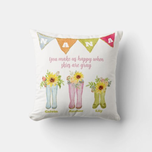 Watercolor Rain Boot Three Grandkids Nana Quote Throw Pillow