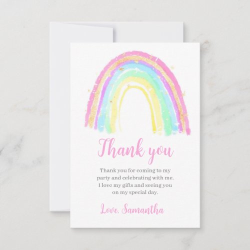 Watercolor RainbGirl Pastel Rainbow Birthday Party Thank You Card