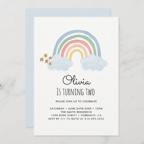 Watercolor Rainbow 2nd Birthday Invitation Cards