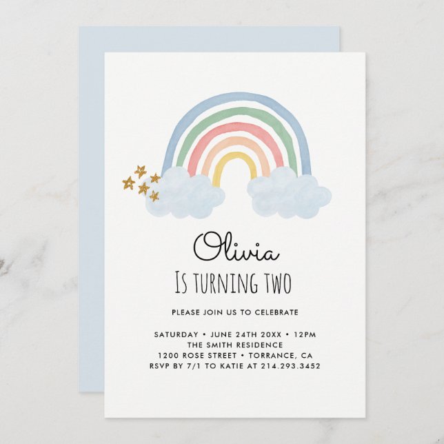 Watercolor Rainbow 2nd Birthday Invitation Cards (Front/Back)