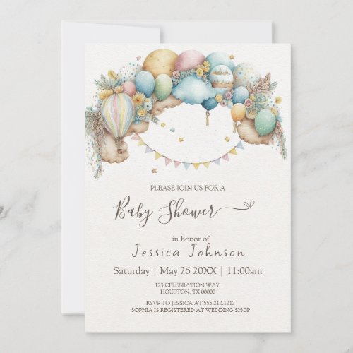 Watercolor rainbow Air Balloon Baby Shower Invitat Invitation