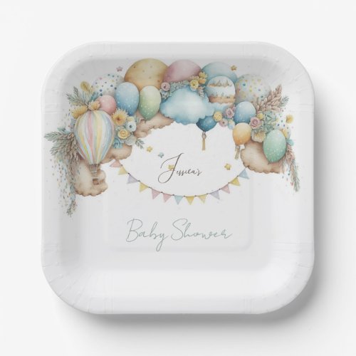 Watercolor rainbow Air Balloon Baby Shower Paper Plates