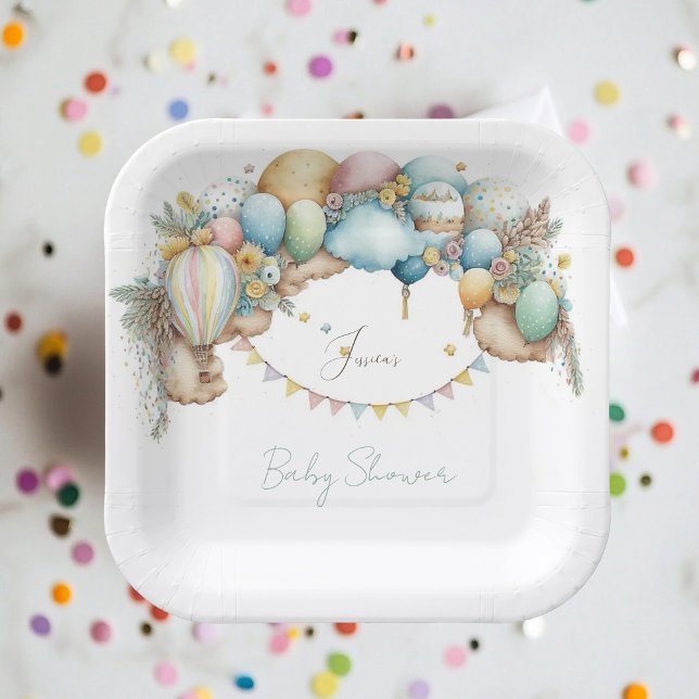 Watercolor rainbow Air Balloon Baby Shower Paper Plates (Creator Uploaded)