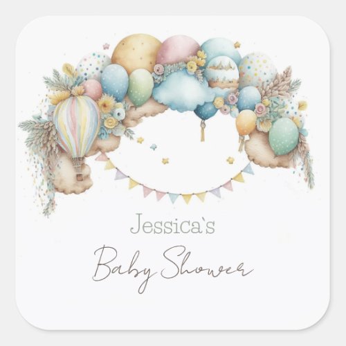 Watercolor rainbow Air Balloon Baby Shower Square Sticker
