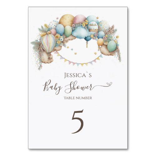 Watercolor rainbow Air Balloon Baby Shower Table Number