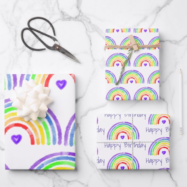 Watercolor Rainbow and Hearts Happy Birthday Wrapping Paper Sheets (Front)