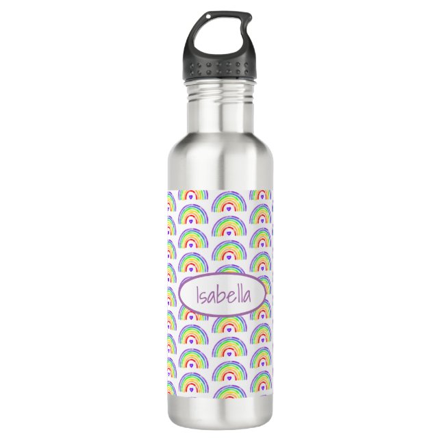 Watercolor Rainbow and Hearts Personalized  Stainless Steel Water Bottle (Front)