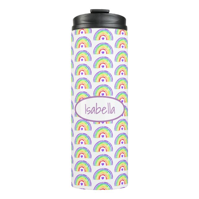 Watercolor Rainbow and Hearts Personalized Thermal Tumbler (Front)