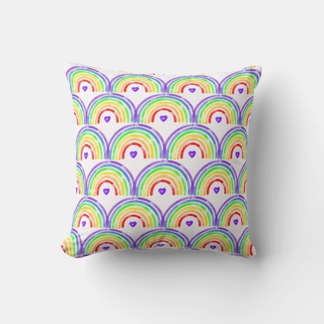 Watercolor Rainbow and Hearts   Throw Pillow (Front)