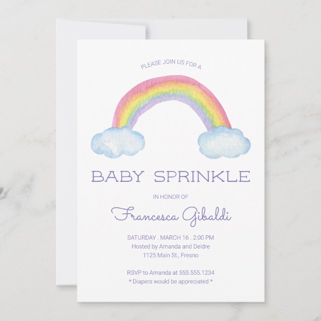 Watercolor Rainbow and Raindrops Baby Sprinkle Invitation (Front)