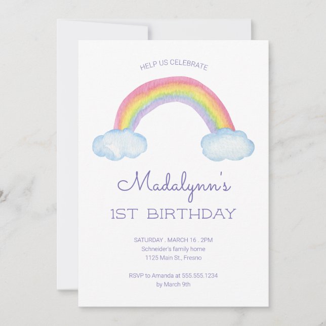 Watercolor Rainbow and Raindrops Childs Birthday Invitation (Front)