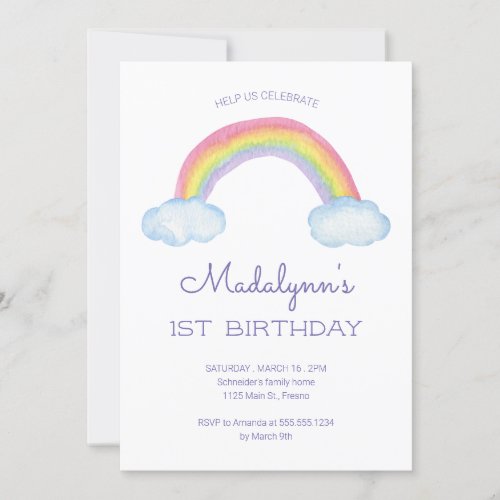 Watercolor Rainbow and Raindrops Childs Birthday Invitation