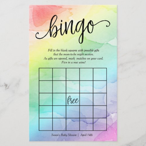 Watercolor Rainbow Baby Bingo Paper Game Card