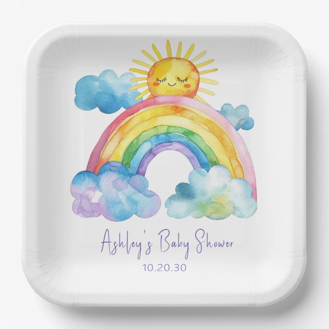Watercolor Rainbow Baby Shower Paper Plates (Front)