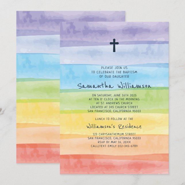 Watercolor Rainbow Baptismal Invitation (Front/Back)