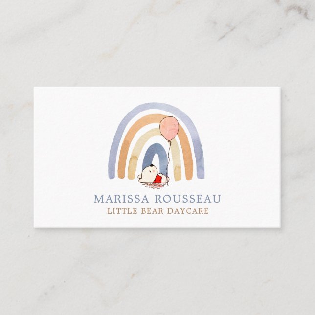 Watercolor Rainbow Bear Daycare  Business Card (Front)