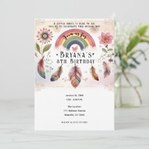 Watercolor Rainbow Bird & Feathers Boho Birthday Invitation
