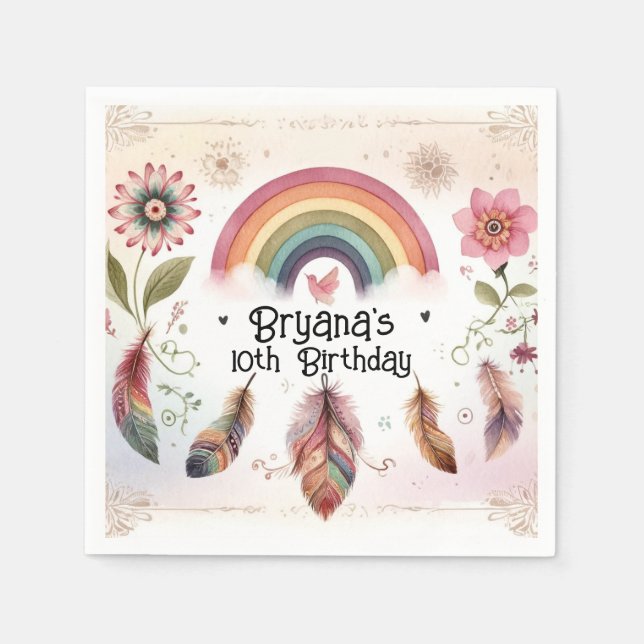 Watercolor Rainbow Bird & Feathers Boho Birthday  Napkins (Front)