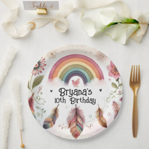 Watercolor Rainbow Bird & Feathers Boho Birthday Paper Plates