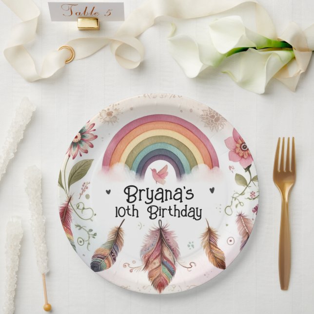 Watercolor Rainbow Bird & Feathers Boho Birthday  Paper Plates (Wedding)