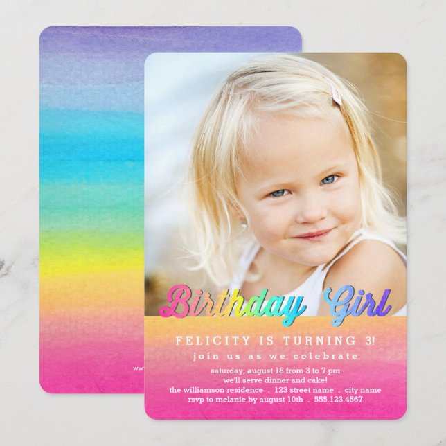 Watercolor Rainbow Birthday Party Invitation (Front/Back)