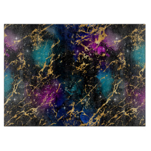 Watercolor Rainbow & Black & Gold Marble Galaxy Cutting Board