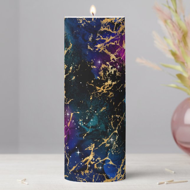 Watercolor Rainbow & Black & Gold Marble Galaxy Pillar Candle (In Situ)