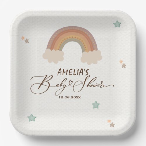 Watercolor Rainbow Boho Gender Neutral Baby Shower Paper Plates
