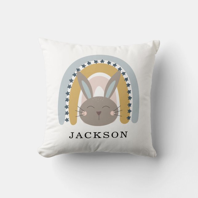 Watercolor Rainbow Boy Name Modern Blue Nursery  Throw Pillow (Front)