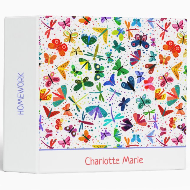 Watercolor Rainbow Butterflies Kids Personalized 3 Ring Binder (Front/Spine)