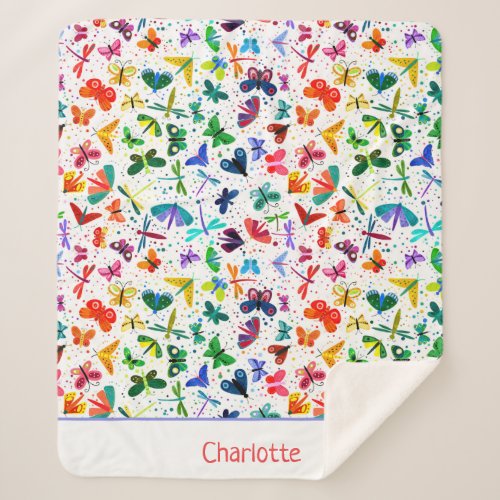 Watercolor Rainbow Butterflies Kids Personalized Sherpa Blanket