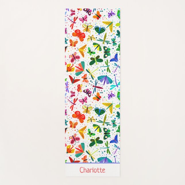 Watercolor Rainbow Butterflies Kids Personalized Yoga Mat (Front)