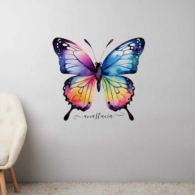 Watercolor Rainbow Butterfly Script Custom Name Wall Decal (Living Room 2)