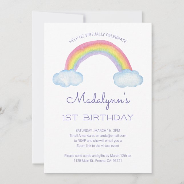 Watercolor Rainbow Childs Virtual Online Birthday Invitation (Front)
