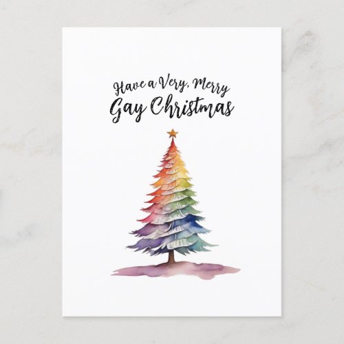 Watercolor Rainbow Christmas Tree Gay Holiday Postcard