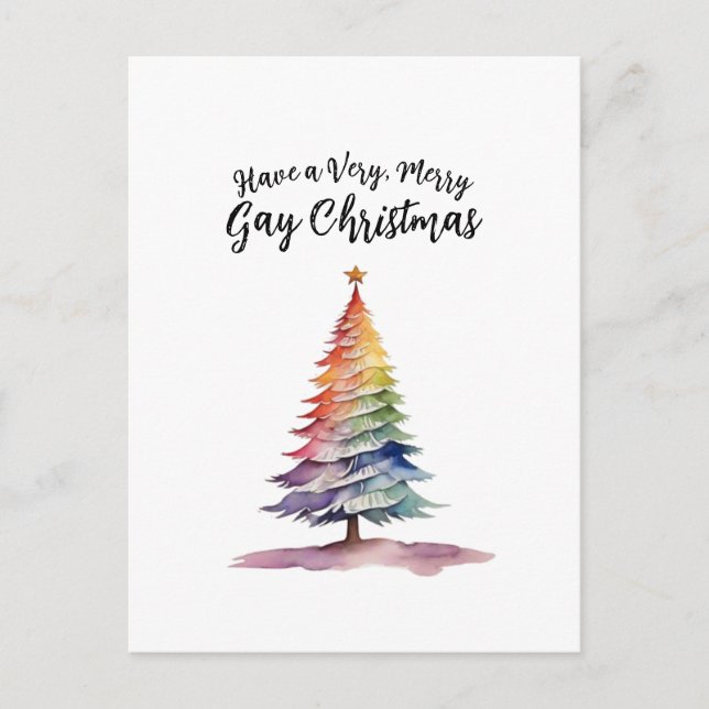 Watercolor Rainbow Christmas Tree Gay Holiday Postcard (Front)