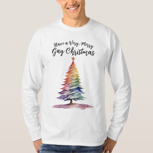 Watercolor Rainbow Christmas Tree Gay T_Shirt