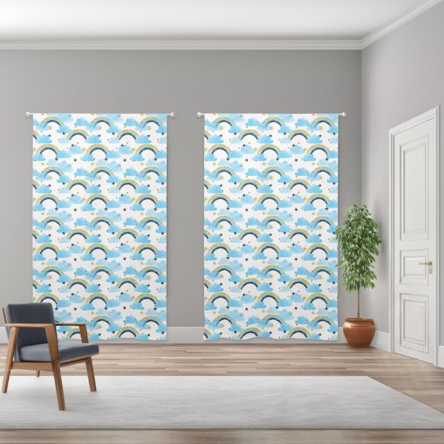 Watercolor Rainbow Clouds Stars Baby Blue Nursery Blackout Curtains (Wide)