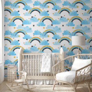 Watercolor Rainbow Clouds Stars Baby Blue Nursery