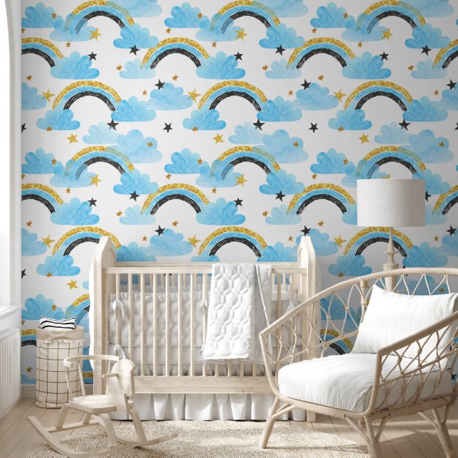 Watercolor Rainbow Clouds Stars Baby Blue Nursery Wallpaper (Kids)