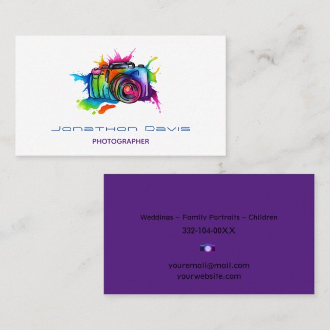 Watercolor Rainbow Color Photography Camera Business Card (Front/Back)