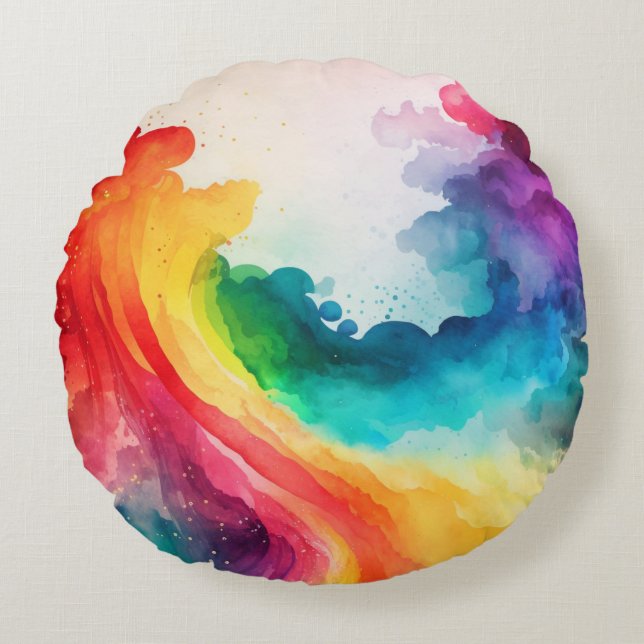 Watercolor Rainbow Colored Round Throw Pillow (Front)